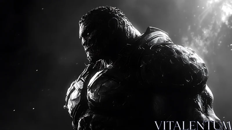 Armored alien warrior in stark monochrome side profile.
