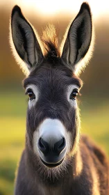 Donkey portrait under warm sunset backlight on pasture.