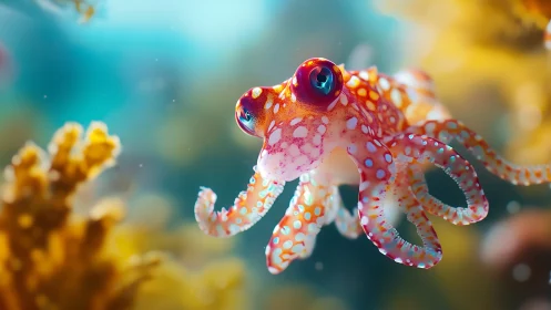 Vibrant baby octopus floating in dreamy coral reef.