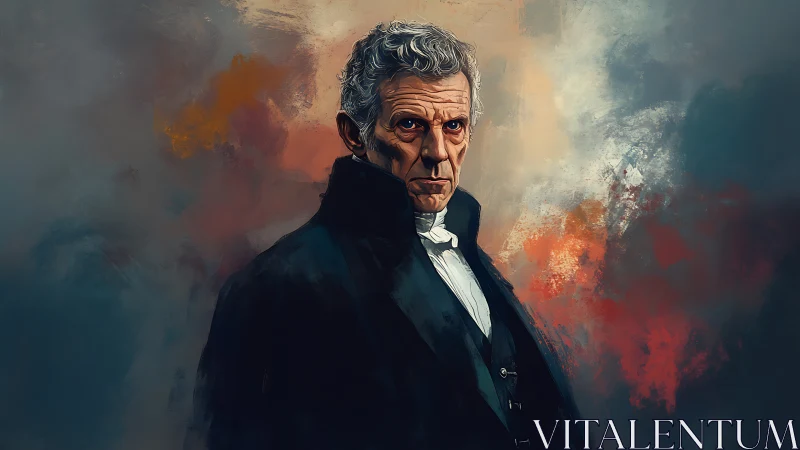 Stern elderly gentleman stands amid swirling painted mists.