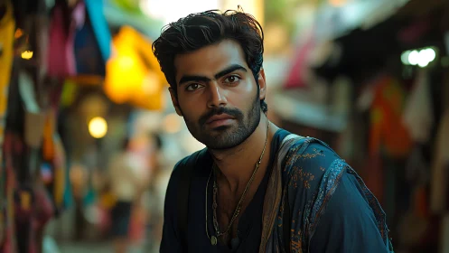 Man with dark hair stands in narrow outdoor market aisle