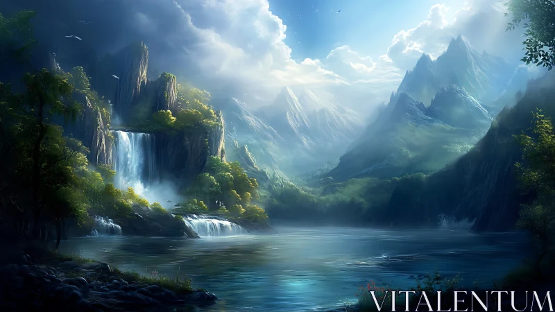 Mountain lake landscape with waterfalls under bright sky.