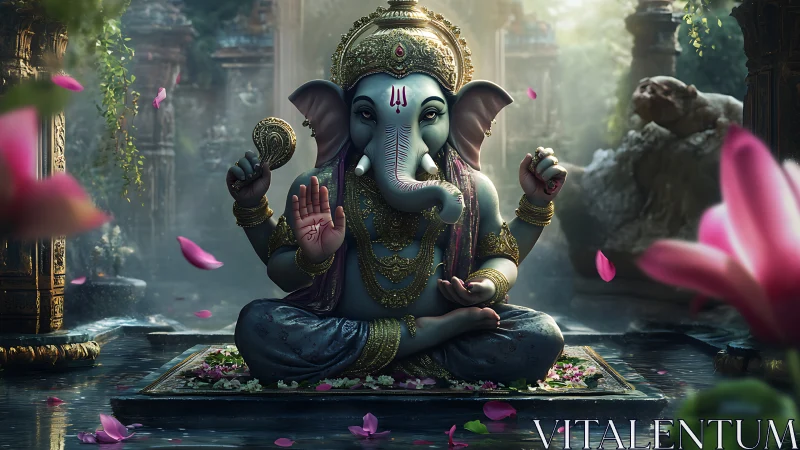 Elephant-headed deity statue sits in ornate temple courtyard