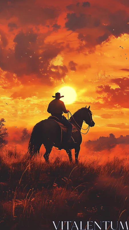Cowboy and horse resting beneath a glowing western sunset.