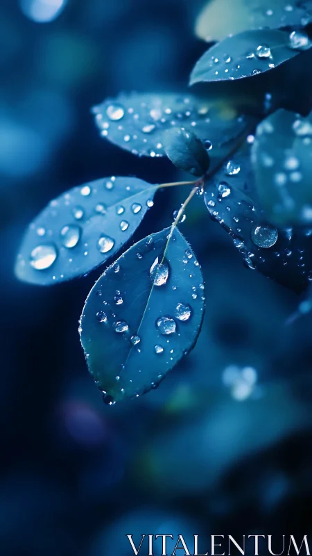 Gentle blue leaves cradling raindrops in quiet twilight calm.