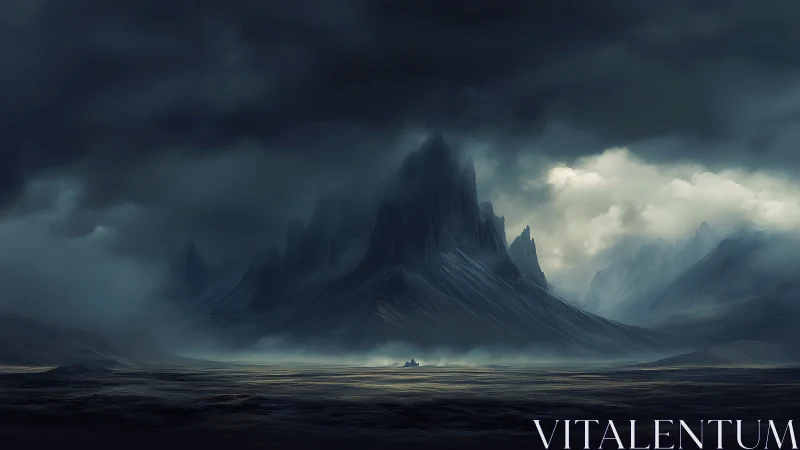 Stormlit spire mountain rises above desolate mist plain