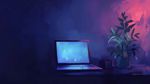 Laptop and potted plant in cool and warm ambient light.