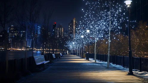 Sparkling riverside walkway glows softly against the city night