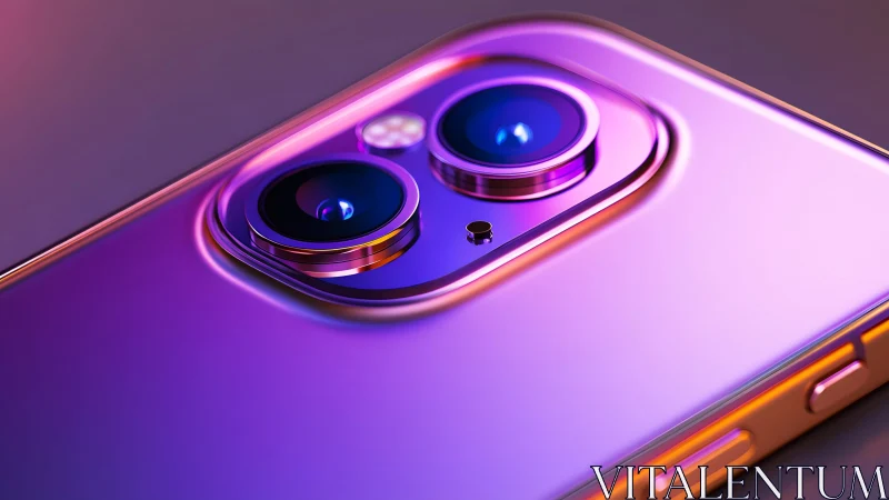 Close-up of modern smartphone camera in vibrant purple and gold.