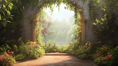Sunlit garden archway opens onto a dreamy lush meadow.