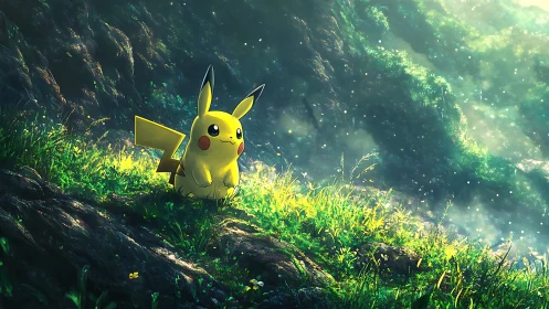 Electric forest wanderer basking in a dew-lit meadow glow.