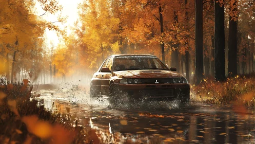 Mitsubishi rally sedan splashing through reflective autumn forest