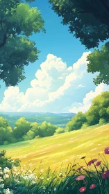 Sunlit meadow and cumulus clouds framed by lush trees