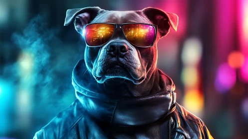 Neon-lit canine with reflective visor in cyber-urban ambiance.