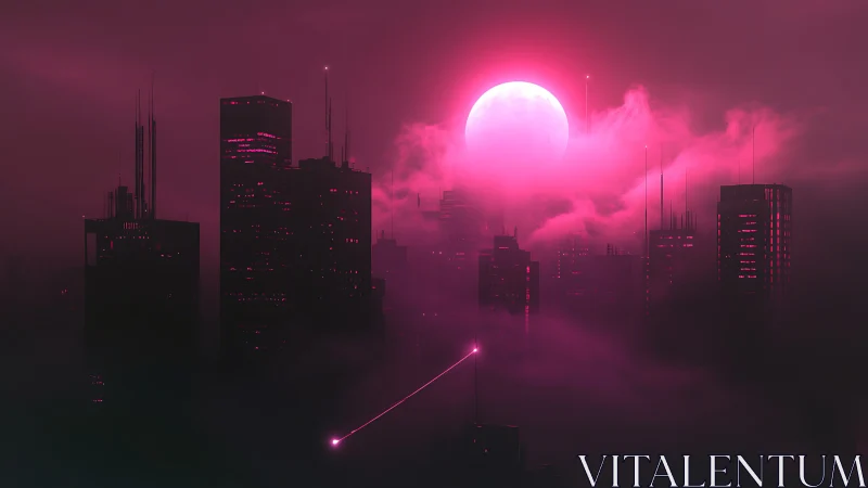 Neon moon climbs through fog as the city holds its breath