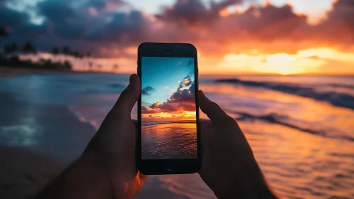 Sunset shoreline framed through smartphone perspective.