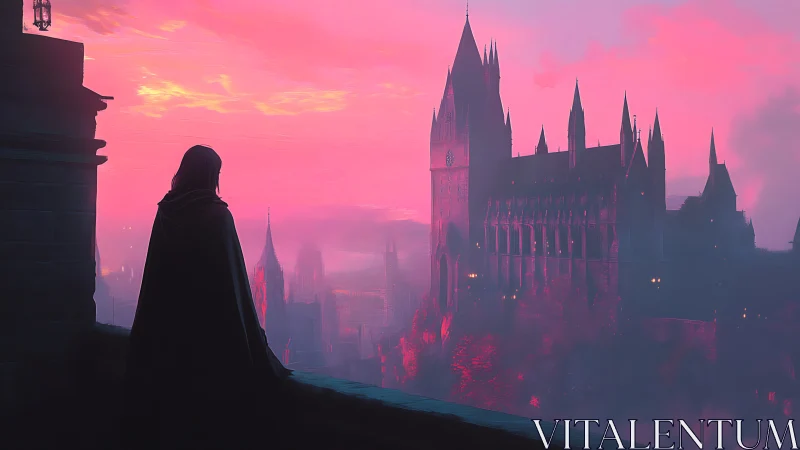 Cloaked figure observes distant castle under pink sky