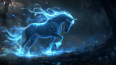 Luminous spirit horse charges through an enchanted moonlit forest