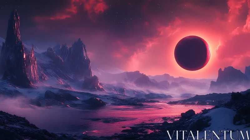 Alien eclipse ignites a frozen crimson extraterrestrial sky