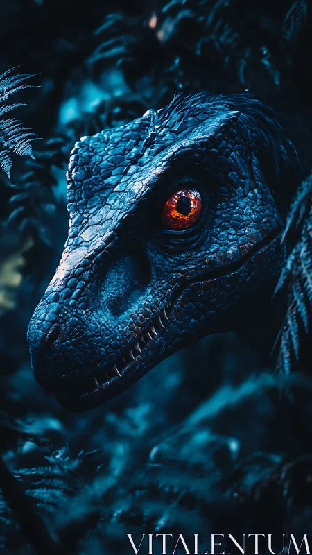 Velociraptor profile in neon blue jungle shadows at night.