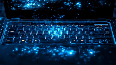 Glowing laptop keyboard illuminated by blue digital particles