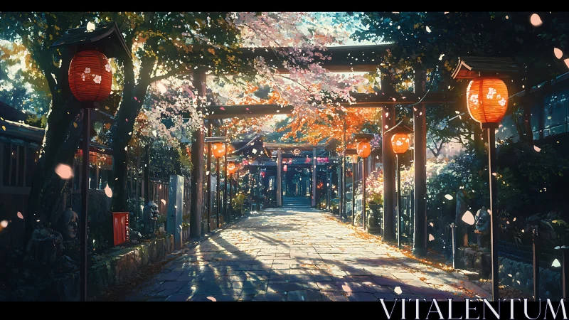 Sunlit shrine path under cherry blossoms and lantern glow.