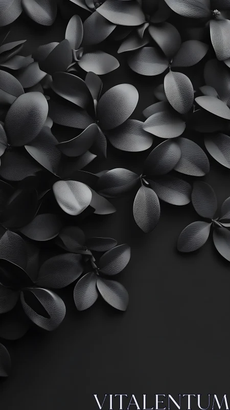 Matte black 3D leaves forming abstract minimal surface.