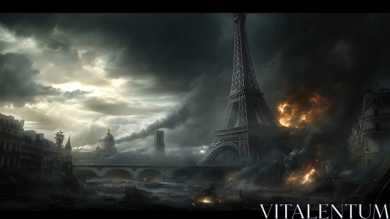 Eiffel Tower in heavy smoke and urban destruction scene.
