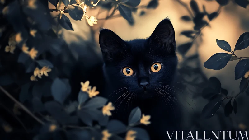 Golden-Eyed Black Cat Among Moonlit Flowers.