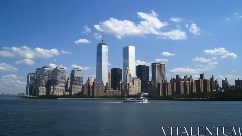 High-rise skyline with mixed-era office towers across riverfront