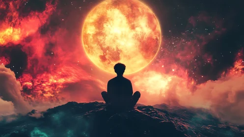 Quiet stargazer resting beneath a blazing cosmic moon.