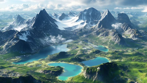 Mountain basin with glacial lakes and snow-covered peaks.