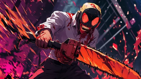 Chainsaw-armed humanoid in dynamic blood-soaked anime composition