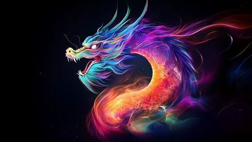 Radiant cosmic dragon curls in glowing rainbow fire