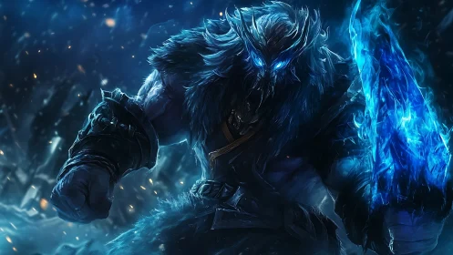 Frostborn warrior strides through a storm of blue fire.