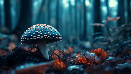 Midnight mushroom sentinel in a mist-laden autumn forest.