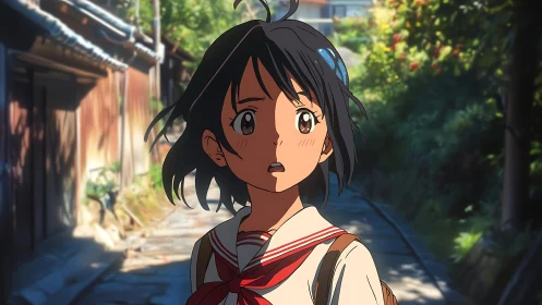 Anime schoolgirl in sunlit alley with expressive surprise.