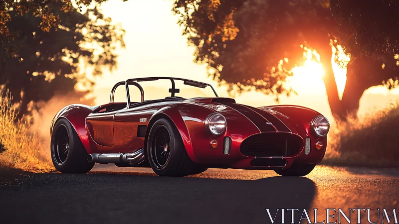 Red classic roadster parked on rural road at sunset.