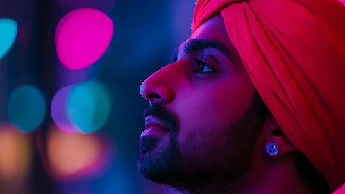 Portrait in neon of turbaned man with reflective gaze.