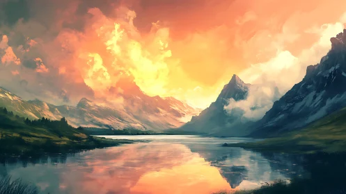 Sunlit mountain lake under vivid orange evening sky.