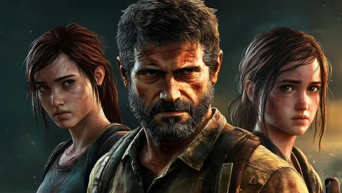 Scarred survivor and twin heroines in cinematic wasteland portrait.