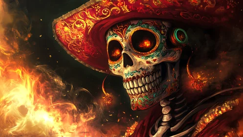 Fiery sugar skull cowboy smiles amid swirling embers.