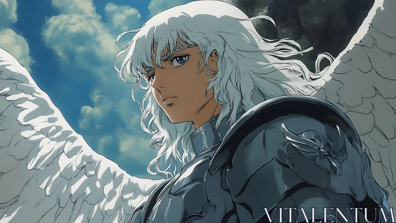 Winged silver knight under stormlit sky, anime portrait.