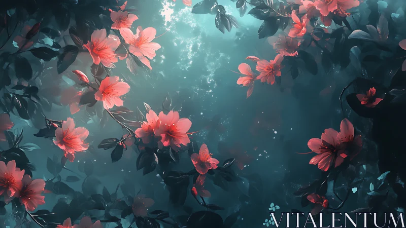 Coral flowers with particle effects in turquoise environment.