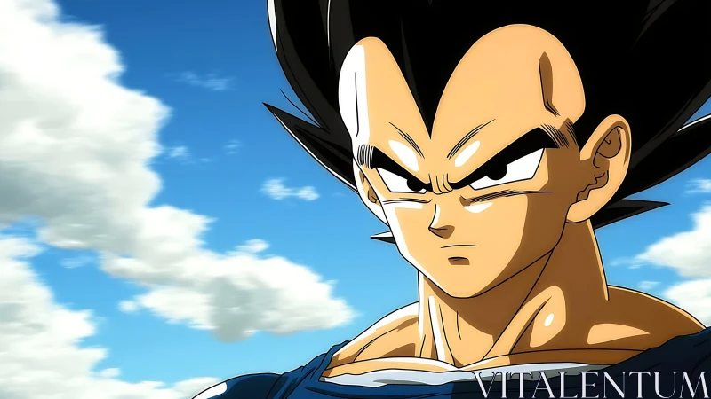 Stoic anime warrior gazes ahead under a bright open sky