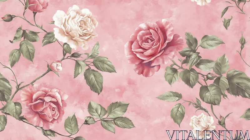 Romantic botanical study featuring pink and ivory roses on soft ground.
