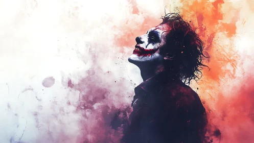 Clown-painted figure in profile against diffuse color field