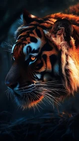 Cinematic side profile of Bengal tiger in rim-lit twilight