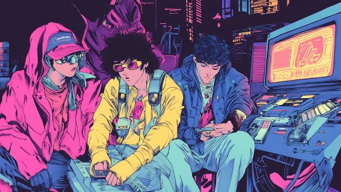 Neon console misfits drift through lo-fi cyberpunk midnight.