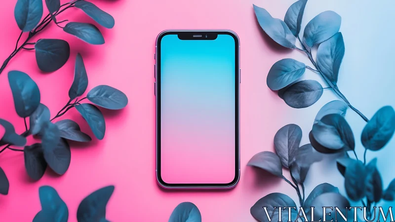 Pink-Blue Duet: Glowing Smartphone Flanked by Botanical Whispers.